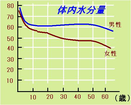 年齢と体内水分量のグラフ